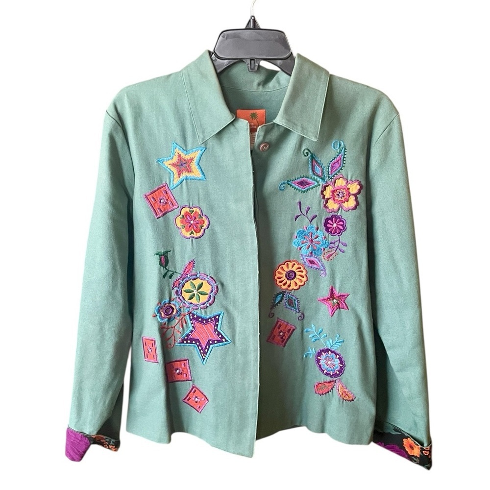Hearts of Palm 100% cotton embroidered spring floral button jacket 8 green pink